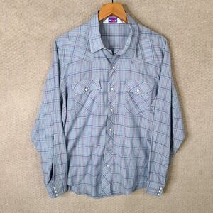 Vintage Dakota Five Brother Shirt Men XL Blue Plaid Western Pearl Snap Button Up